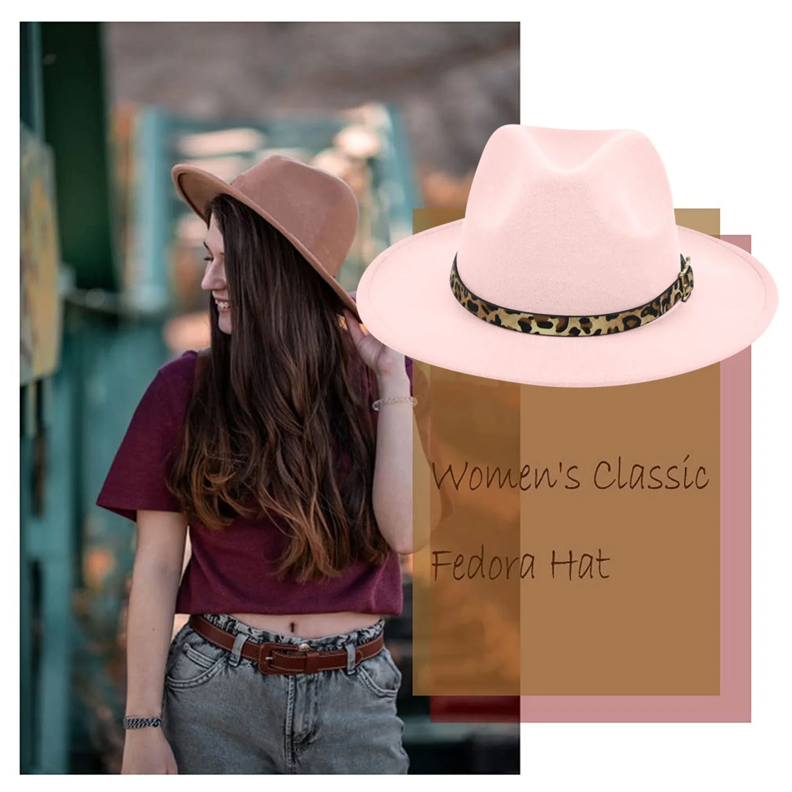 Women's Wide Fedora Panama Hat With Leopard Belt Buckle Pink | Walmart (US)