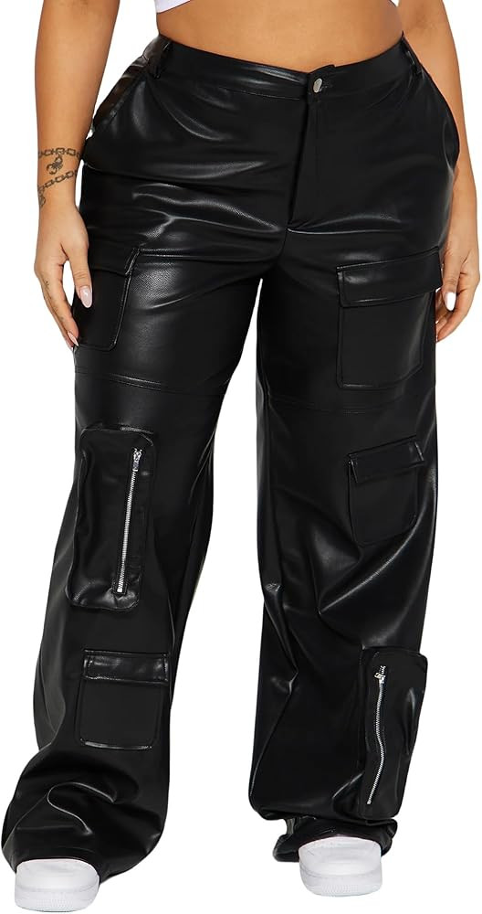 Women's Faux Leather Cargo Pants High Waisted Y2K Leggings Pants with Pockets | Amazon (US)