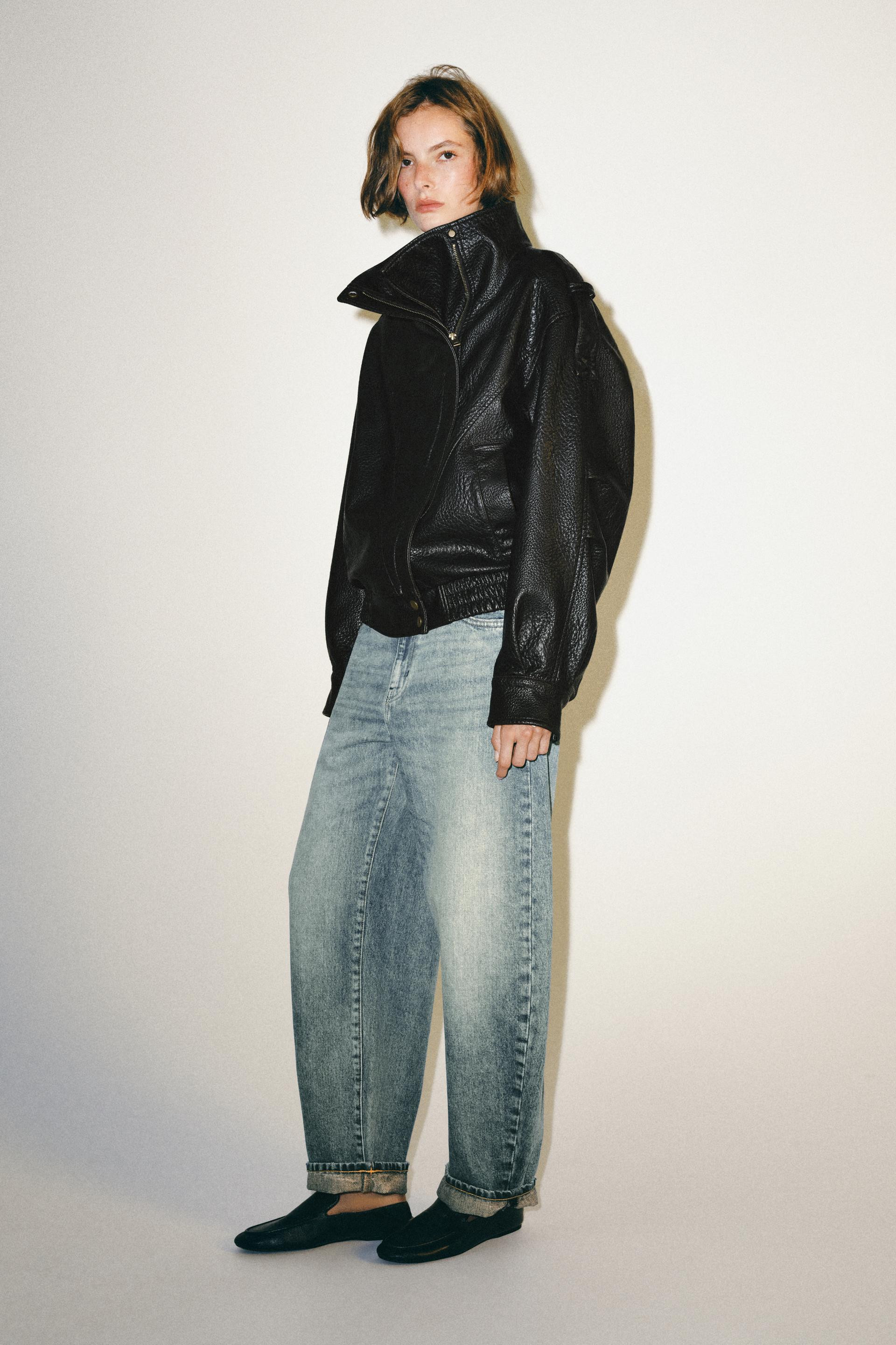 Zara - Leather-Effect Bomber Jacket - Dark Brown - L - Woman | Zara UK