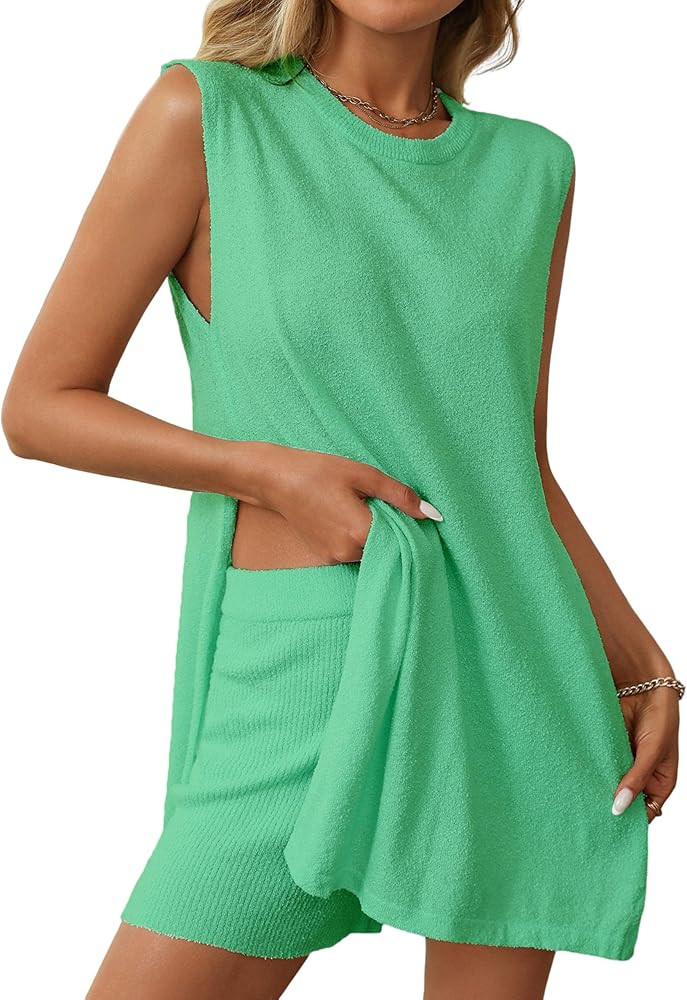 Women's Summer Sweater Sets Sleeveless Knit Tunic Top Matching Shorts Beach Vacation 2 Piece Outf... | Amazon (US)