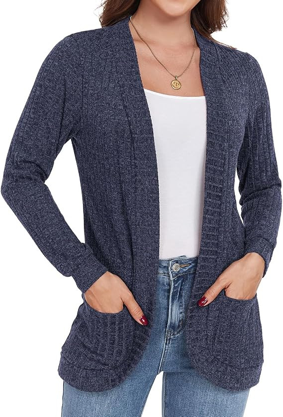 GRECERELLE Womens Long Sleeve Open Front Cardigan Casual V-Neck Curved Hem Ribbed Knit Sweater Ou... | Amazon (US)