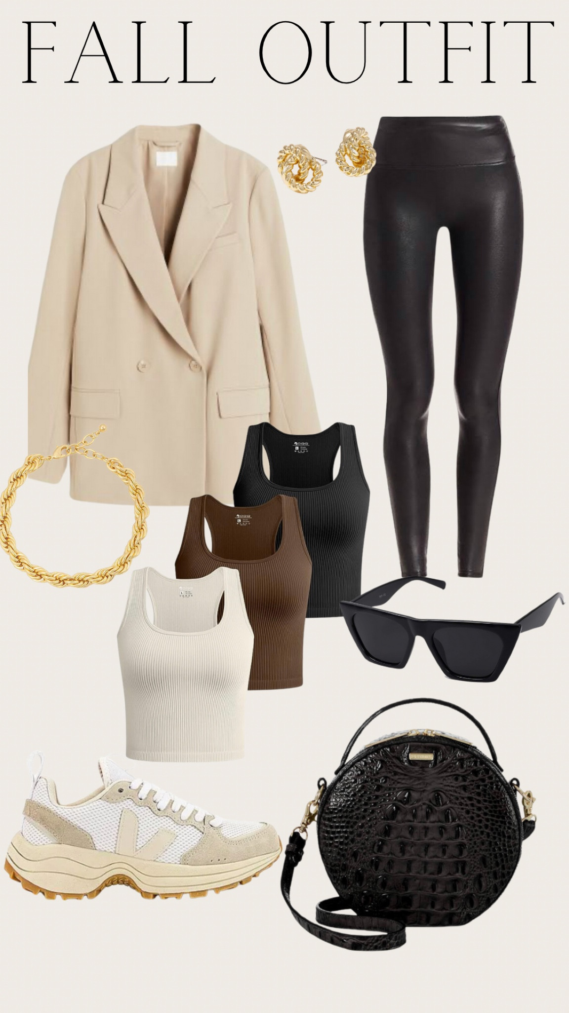 Everyday fall outfit - the tank tops run small in my opinion, I sized up one size

Beige blazer, H&M, spanx, faux leather leggings, basic tank, gold chain bracelet, uncommon james, amazon, tank top pack, black sunglasses, shades, brahmin, veja sneakers, gold statement earrings 

#LTKstyletip