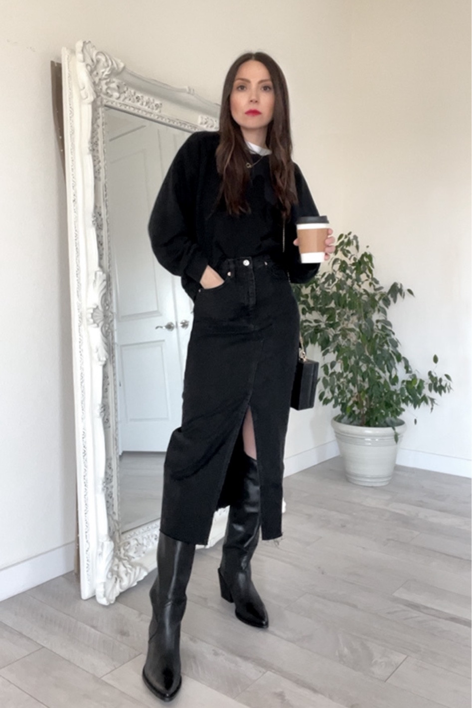 Long denim skirt outfit 🖤☕️

Black denim skirt, midi denim skirt, denim skirt with boots outfit, black skirt outfit, midi black skirt, black boots, black cowboy boots, black sweatshirt, winter outfit, skirt winter outfit, skirt with boots 

#LTKunder50 #LTKunder100 #LTKstyletip