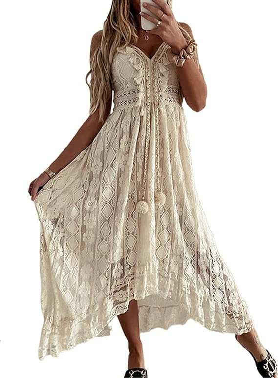 Women's Boho Lace Maxi Midi Dress Sexy V-Neck Sleeveless Spaghetti Straps Backless Beach Ruffle M... | Amazon (US)