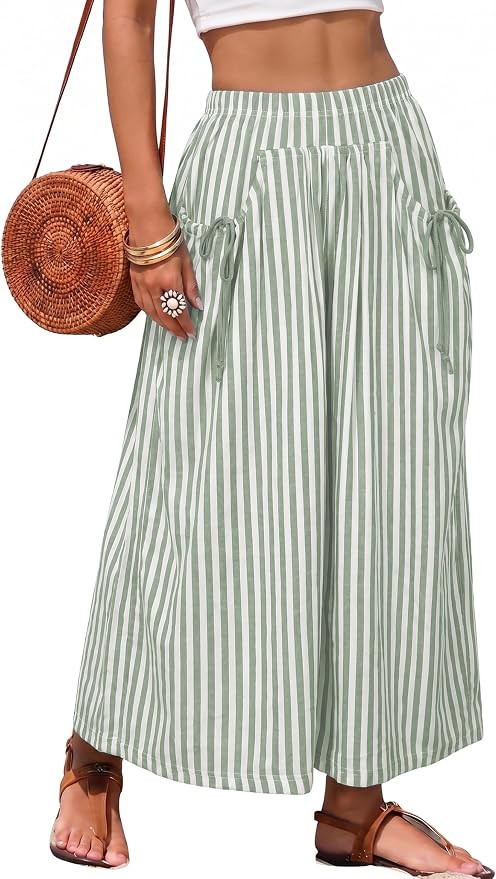 Athlisan Womens Striped Wide Leg Palazzo Pants Baggy Elastic Waist Lounge Trousers Beach Vacation... | Amazon (US)