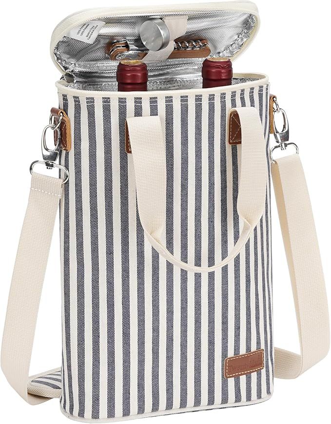 2 Bottle Wine Tote Carrier, Insulated Waxed Canvas Padded Wine Cooler Bag for Travel, Party, Beac... | Amazon (US)