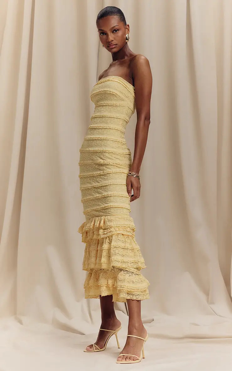 Lemon Textured Lace Frill Tiered Midaxi Dress | PrettyLittleThing US