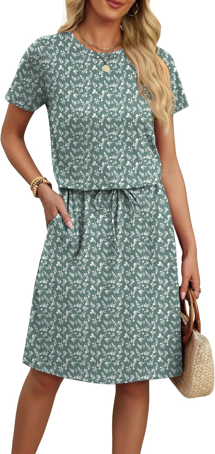 OFEEFAN Womens Summer Dresses Fashion Short Sleeve Crew Neck T Shirt Sundresses Casual Tie Waist with Pockets | Amazon (US)