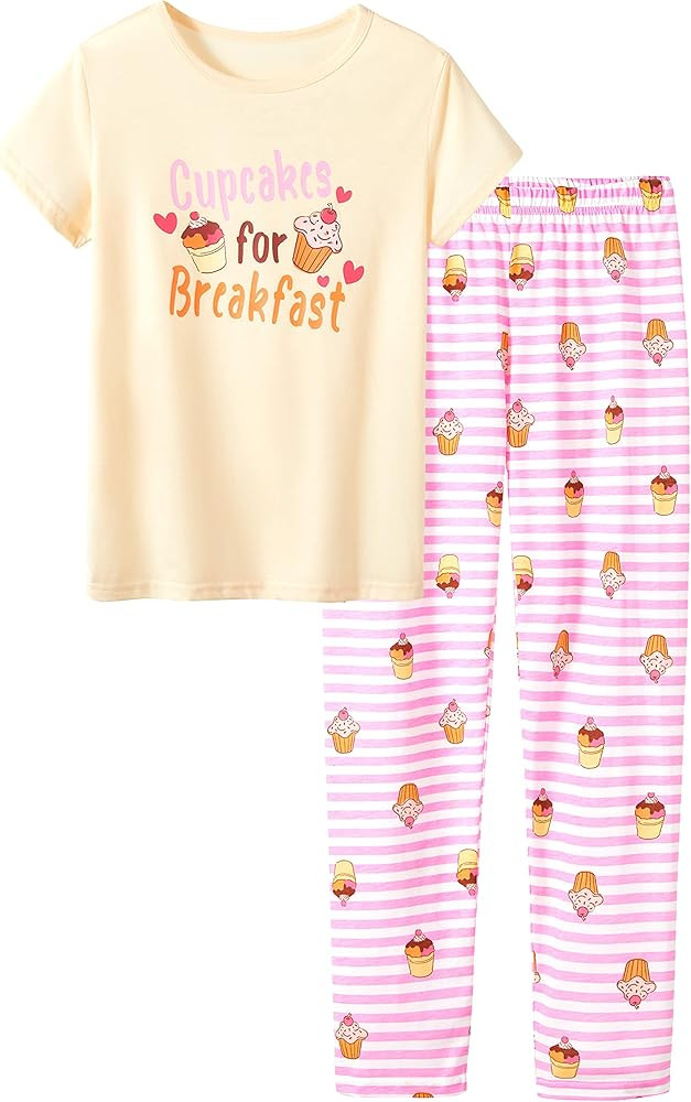 Tebbis Girls Pajamas Cotton Soft PJS Cupcake/Butterfly Stripe Summer Short Cute Jammies Size 6-18 | Amazon (US)
