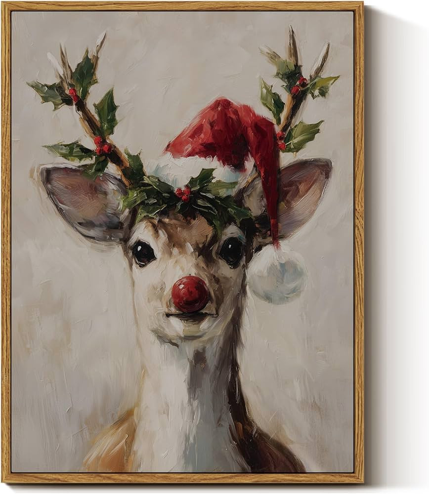 InSimSea Christmas Decor Framed Wall Art, Elk wearing a Santa hat Canvas Painting, elegant Holida... | Amazon (US)