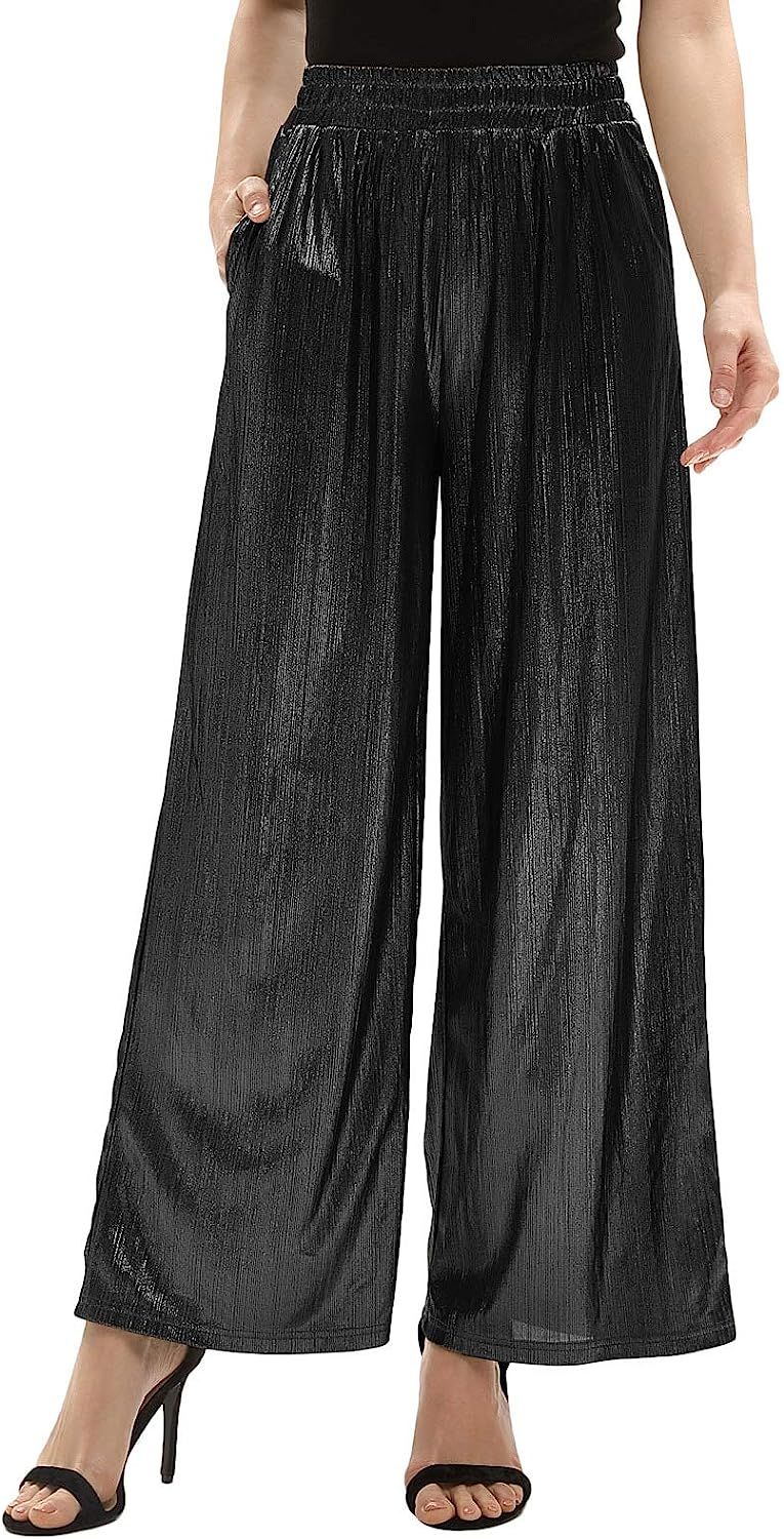 GRACE KARIN Women’s Casual Loose Elastic Shiny Pocket Wide Leg Pants Trousers | Amazon (US)