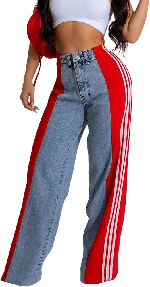 Angsuttc Women’s Jeans with Patchwork Stripes High Waist Loose Denim Color Block Jean Straight ... | Amazon (US)