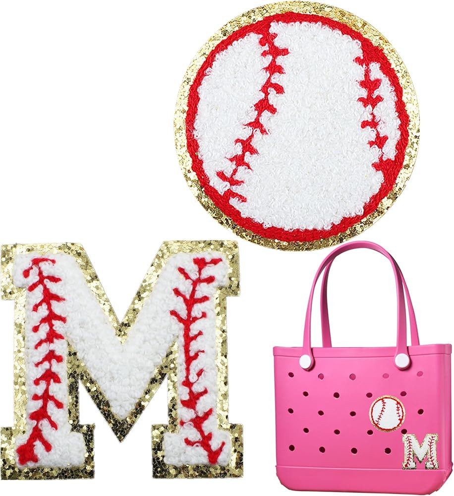 2PCS Baseball Embroidered Initial Glitter Charms For BOGG BAG Accessories For BOGG BAG Beach Tote... | Amazon (US)