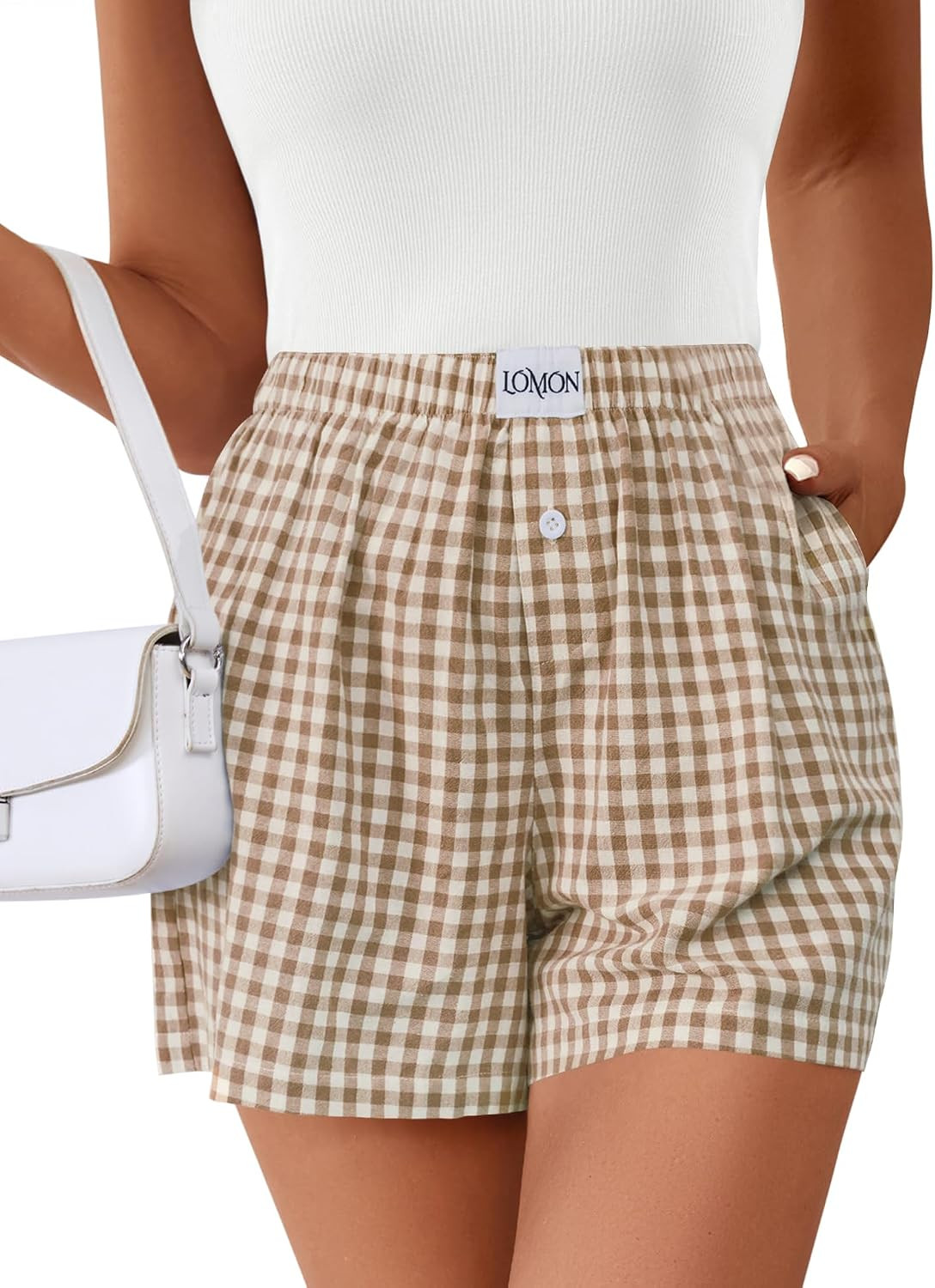 LOMON Boxer Shorts for Women Summer Y2K Gingham Striped Pajama with Pockets | Amazon (US)