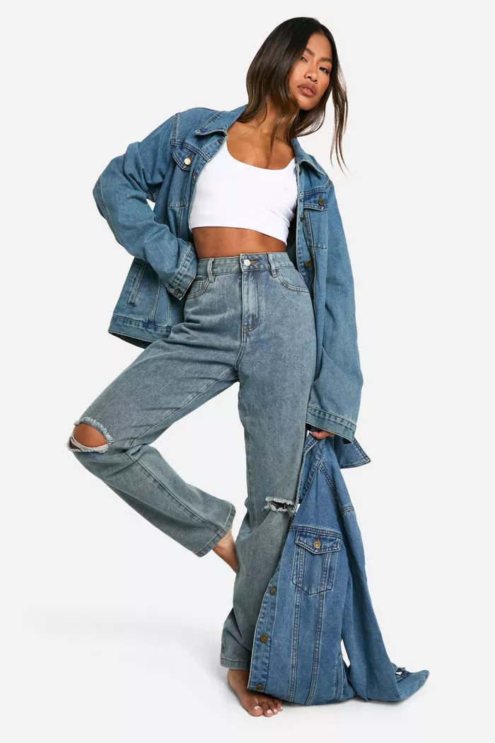 Basics High Waisted Straight Leg Ripped Knee Jeans | boohoo (US & Canada)
