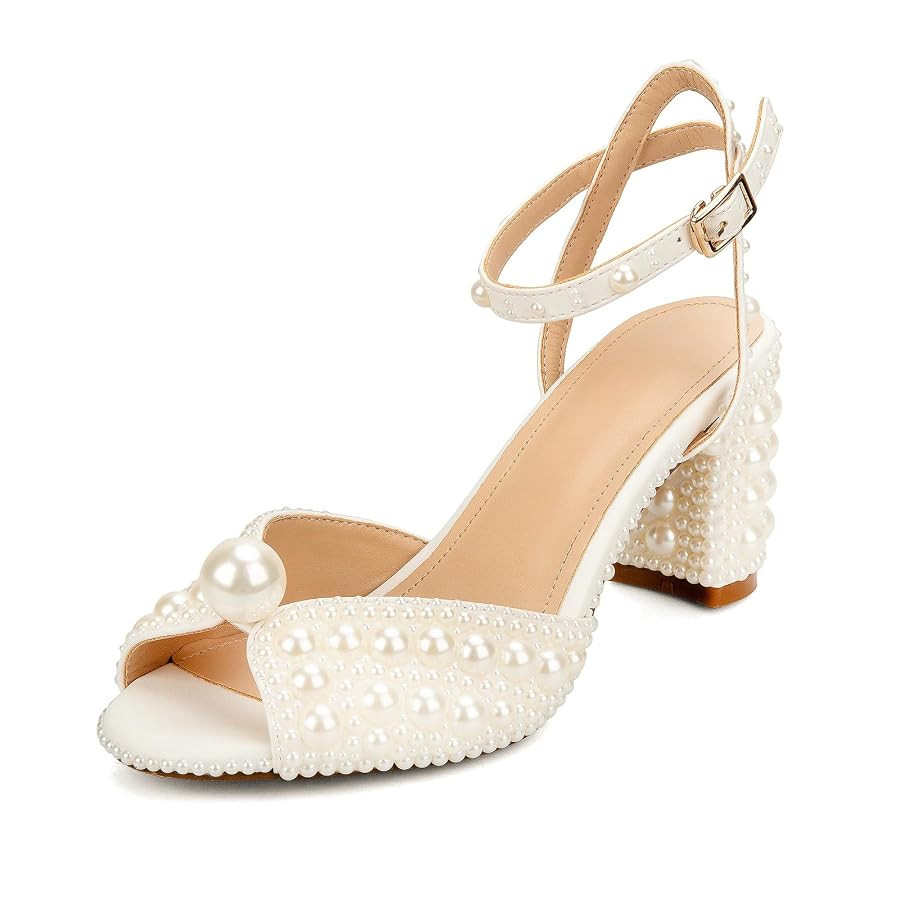 Goolita Pearl Heels For Women Mid Block Ankle Strap Heeled Sandals Round Open Toe Party Evening B... | Amazon (US)