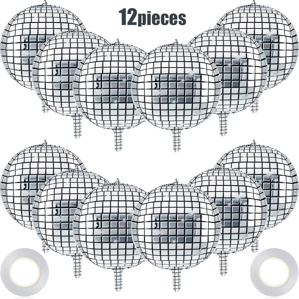 12 Pieces 4D Disco Balloons Aluminum Foil Balloons Sphere and 2 Pieces Silver Ribbons for Disco D... | Amazon (US)