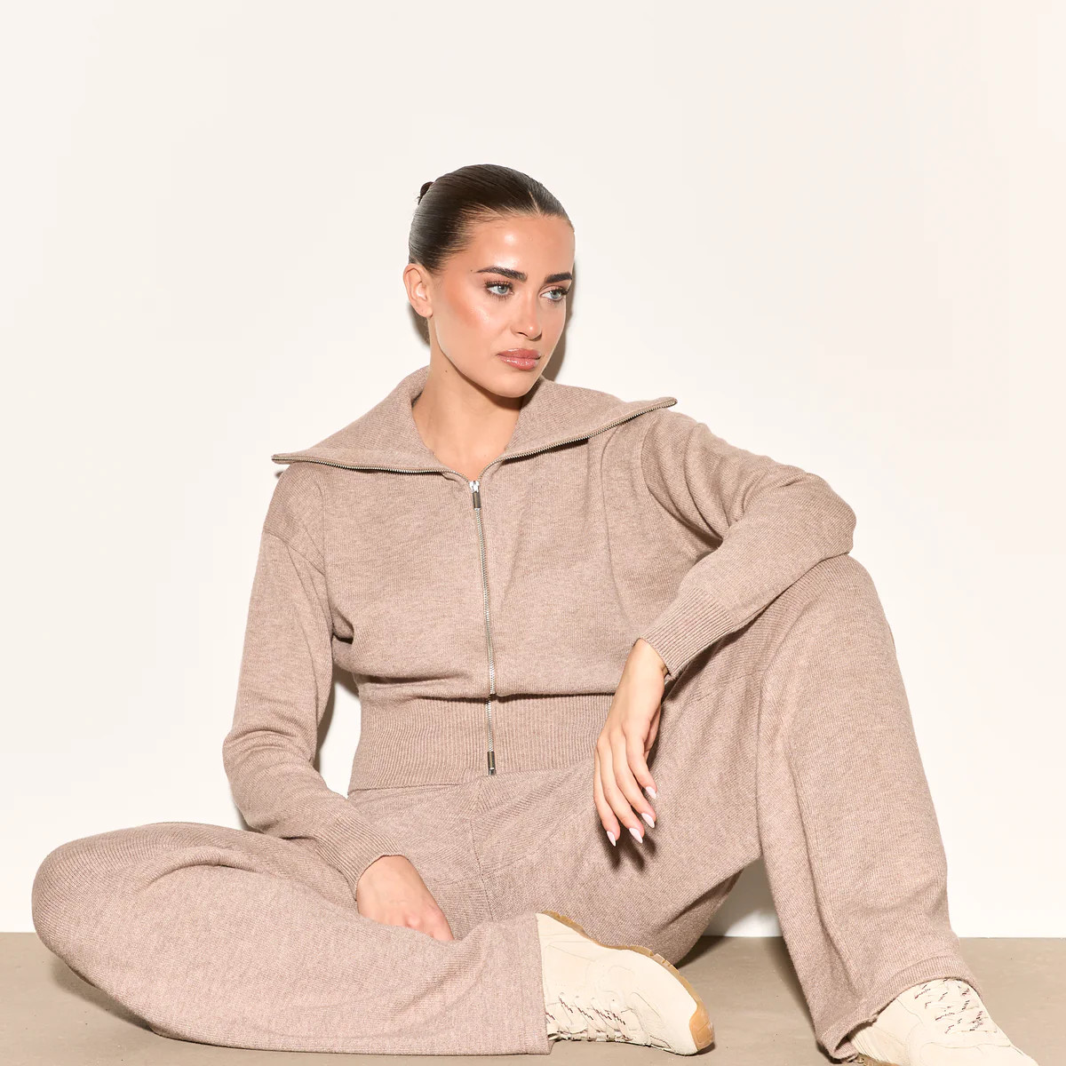 RIA Taupe Zip Up Knit Jumper | Noughts and Kisses