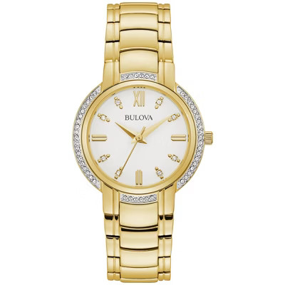 Bulova Ladies' Classic Diamond 3-Hand Quartz Gold Tone Stainless Steel Watch, White Dial 33mm | Target