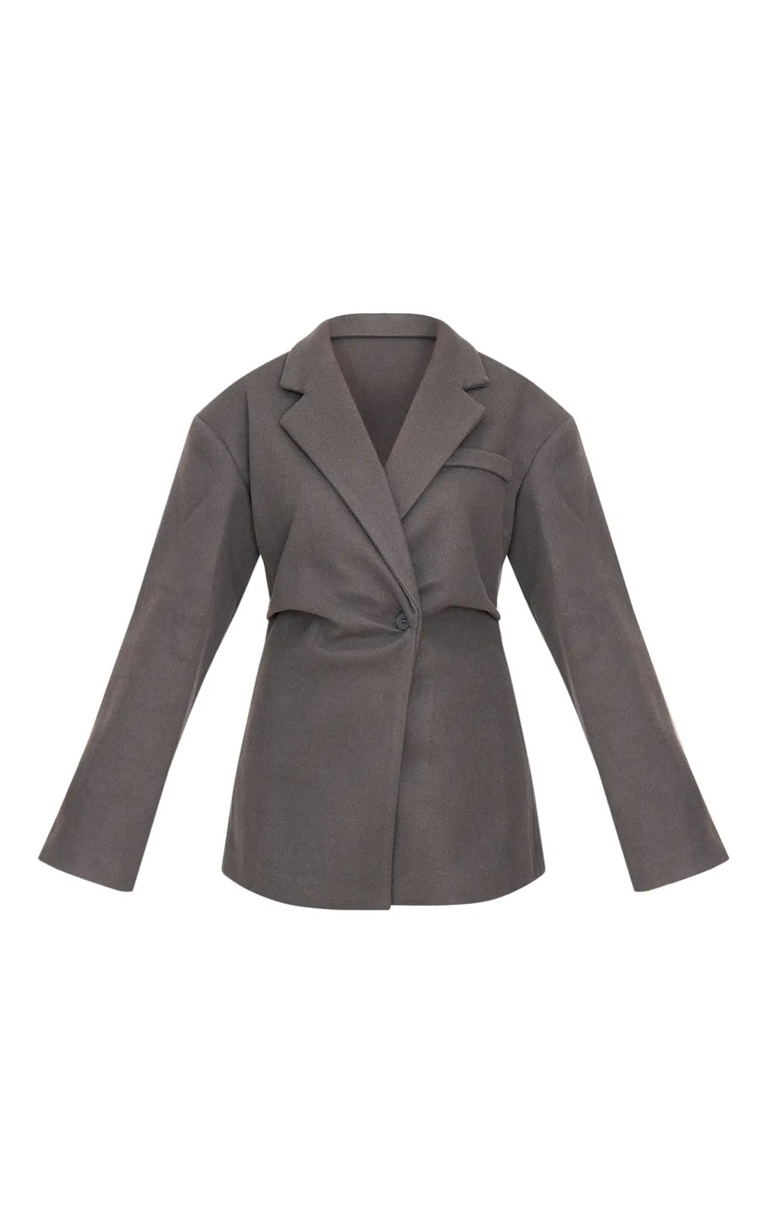 Jackets & Coats | Grey Wool Look Cinched Blazer | PrettyLittleThing | PrettyLittleThing UK