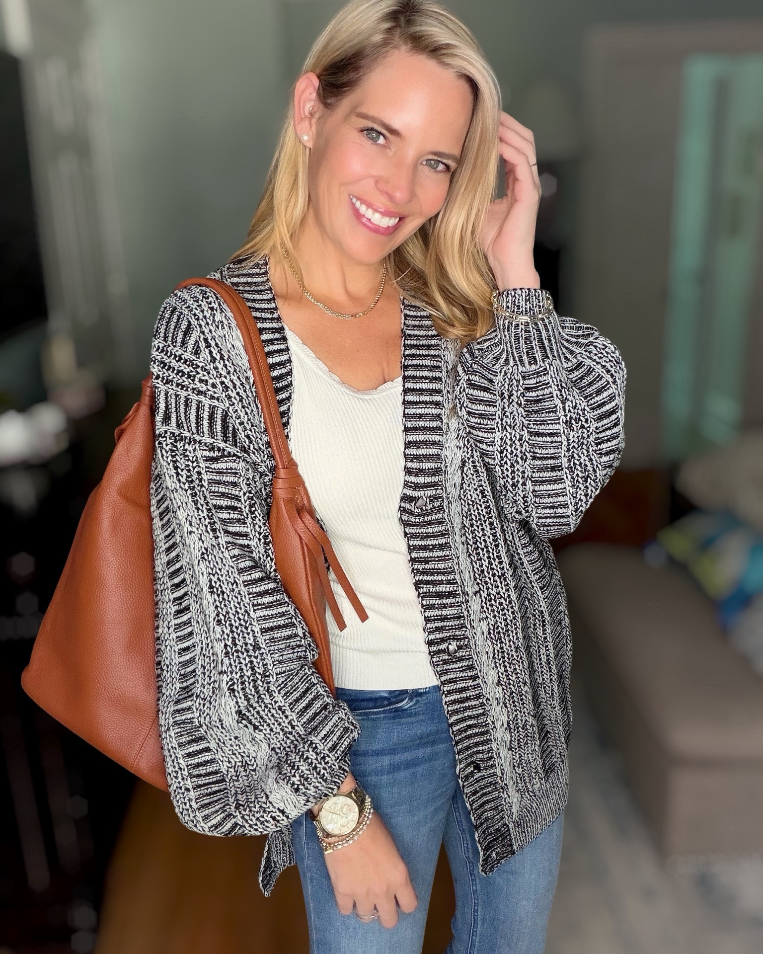 Cozy Cardigan & Mother Denim Fall Outfit 🍂🤎

This cozy fall outfit is one you’ll reach for on repeat! 🤍 This Cupshe cable knit cardigan is soft, chunky, and perfect for layering over a classic ribbed tank for effortless everyday style. I paired it with Mother petite denim for the perfect ankle-length fit, leopard pumps for a fun pop of print, and a 100% genuine leather slouchy tote that instantly elevates the look. Whether you’re headed to brunch, the office, running errands, or grabbing coffee, this outfit is comfortable, polished, and easy to recreate with timeless pieces you’ll wear all season long.

Fall cardigan outfit, Cupshe cardigan, cable knit sweater, Mother petite denim, petite jeans, genuine leather tote bag, leopard heels, casual chic outfit, fall fashion, everyday style, cozy layering pieces, neutral wardrobe, classic capsule wardrobe, effortless fall outfit, women’s fall fashion.

#LTKOver40 #LTKPetite #LTKootd