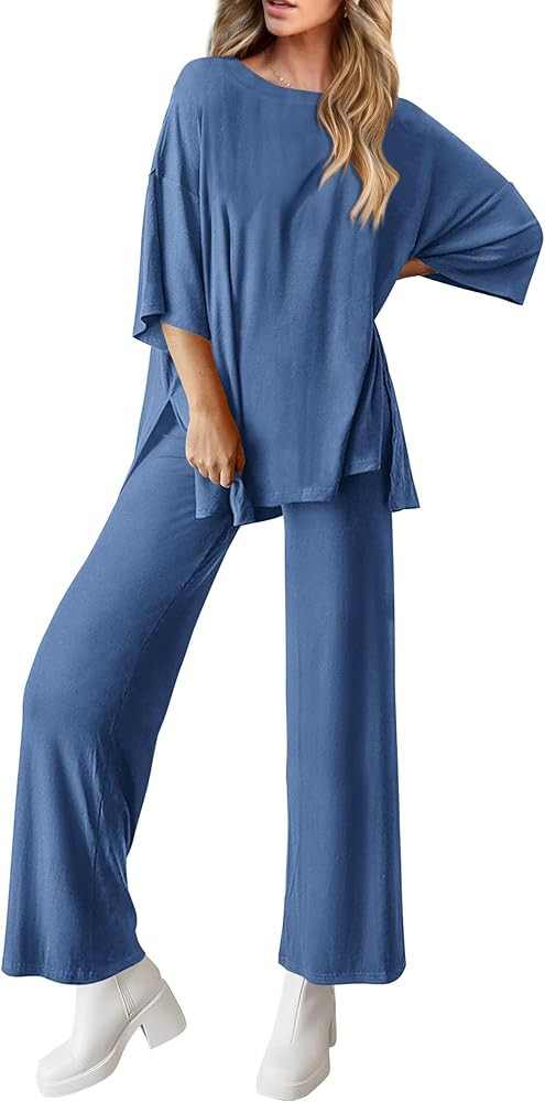 PRETTYGARDEN Women's 2 Piece Outfits Casual Short Sleeve Pullover Tops and Wide Leg Pants Lounge ... | Amazon (US)