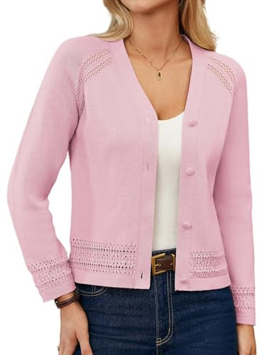 GRACE KARIN Pink Cardigan for WomenLightweight Long Sleeve Sweater Open Front Knit Cotton Sweaters Trendy(Pink,L) | Amazon (US)