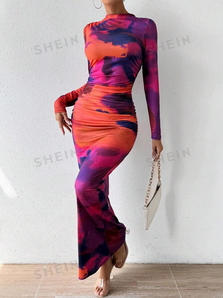 SHEIN BAE Tie Dye Mock Neck Ruched Side Bodycon Dress | SHEIN