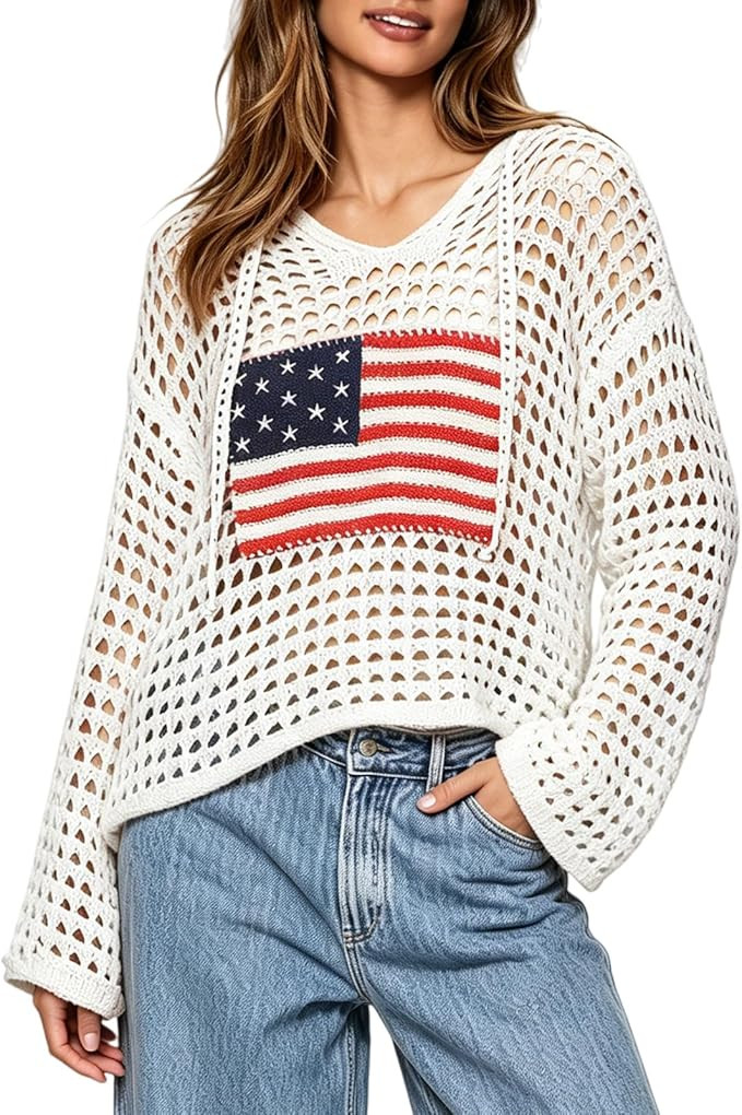 Women's American Flag Crochet Sweater Long Sleeve Hollow Out Lightweight Knit Hoodie 2026 Summer ... | Amazon (US)