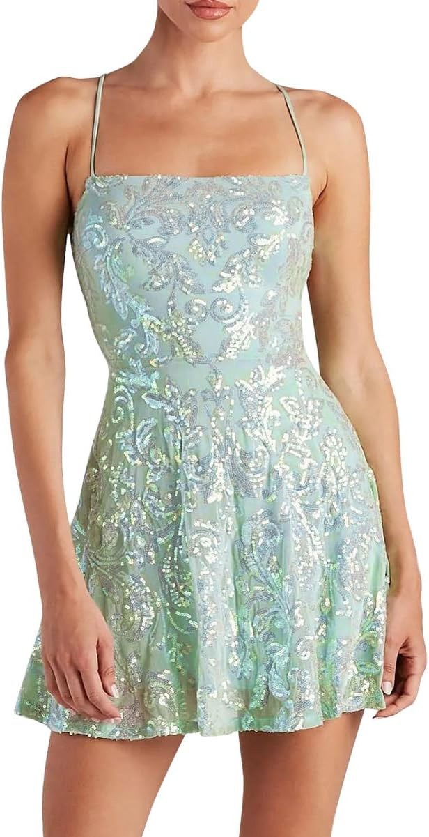 ODIZLI Women's Spaghetti Straps Sparkly Sequins A Line Swing Party Nightclub Dance Mini Dress Abo... | Amazon (US)