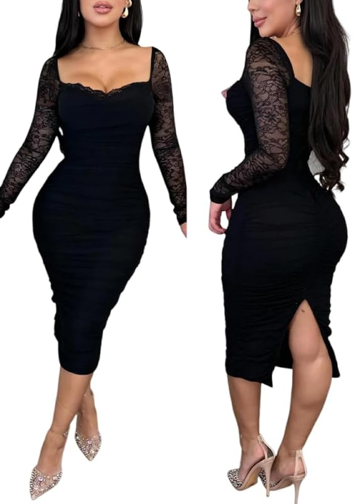 Women's Elegant Bodycon Midi Dress Contrast Lace Long Sleeve Back Slit Slim Fit Bodycon Party Dre... | Amazon (US)