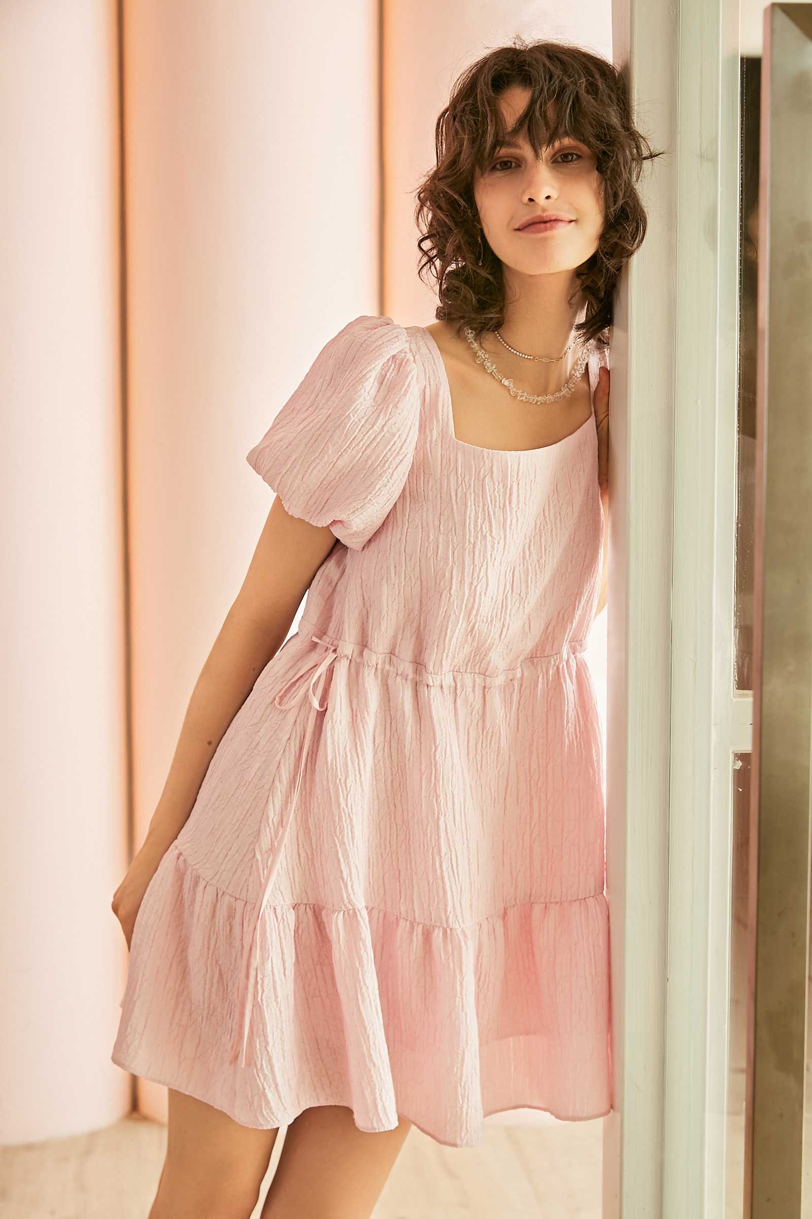 Addison Pink Puff Sleeve Mini Dress | J.ING