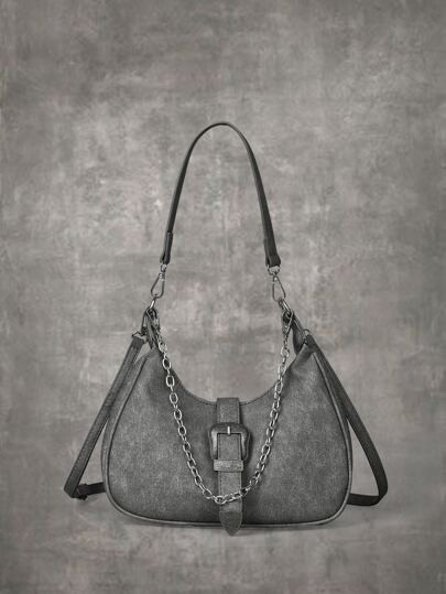 ROMWE Grunge Punk Chain Colorblock Canvas Hobo Bag | SHEIN