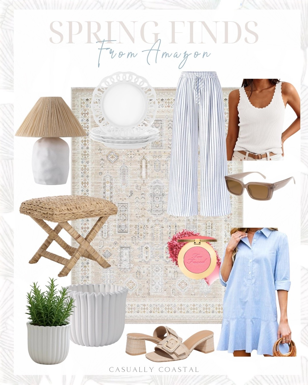 Spring Finds From Amazon 

Amazon home decor, Amazon rug, coastal rug, coastal home decor, Amazon dress, Amazon tank top, Amazon lamp, coastal lamp, Amazon sandals, Amazon sunglasses, Amazon appetizer plates, neutral rug, machine washable are rug, woven ottoman, coastal ottoman, ceramic flower pot, tunic mini shirt dress, ruffle hem dress, blue dress, heeled sandals, square toe chunky heels, resin table lamp, safavieh lamp, rectangular sunglasses, round appetizer plate, lightweight palazzo pants, blue and white striped spring pants, spring outfit, v neck ruffle tank top, white tank top, spring top, too faced cloud blush 

#LTKHome #LTKSeasonal