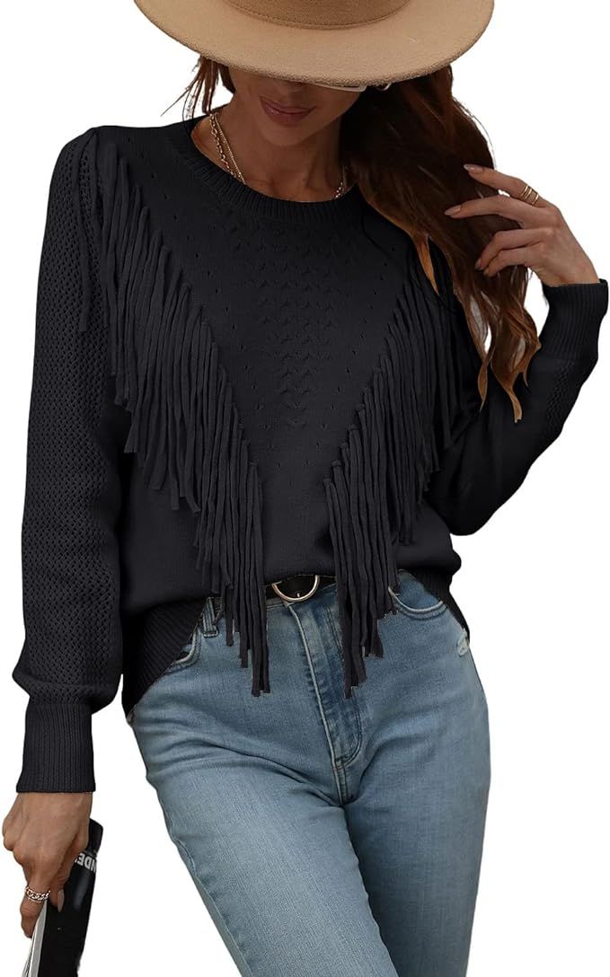 chouyatou Women's Casual Crewneck Fringe Tassel Knitted Pullover Sweater Jumper Tops | Amazon (US)