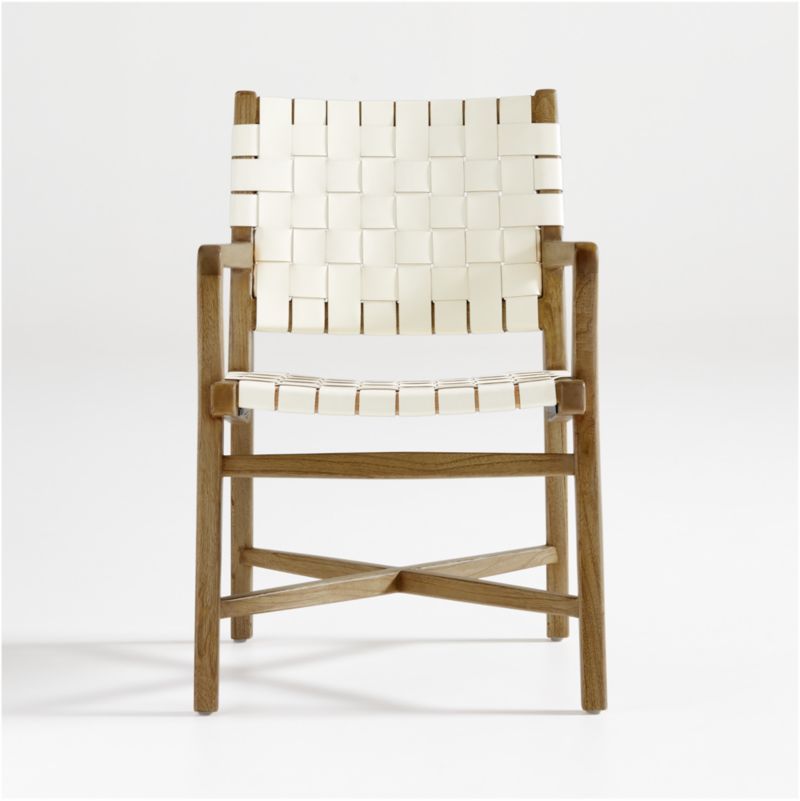 Taj White Woven Leather Dining Chair with Arms + Reviews | Crate & Barrel | Crate & Barrel