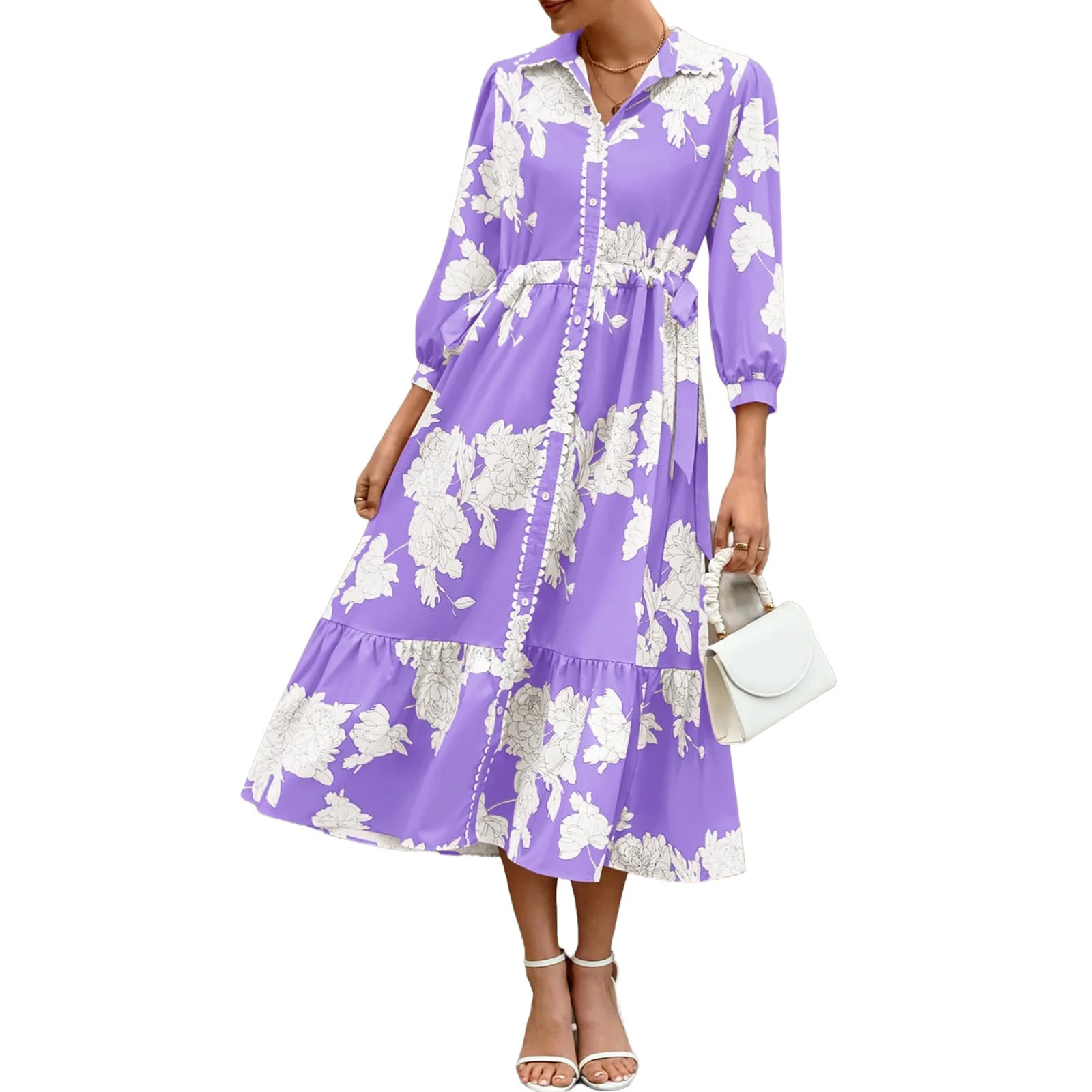 Bohemian Style Women Three Quarter Floral Print Lapel Button Down Long Maxi Dress | Walmart (US)