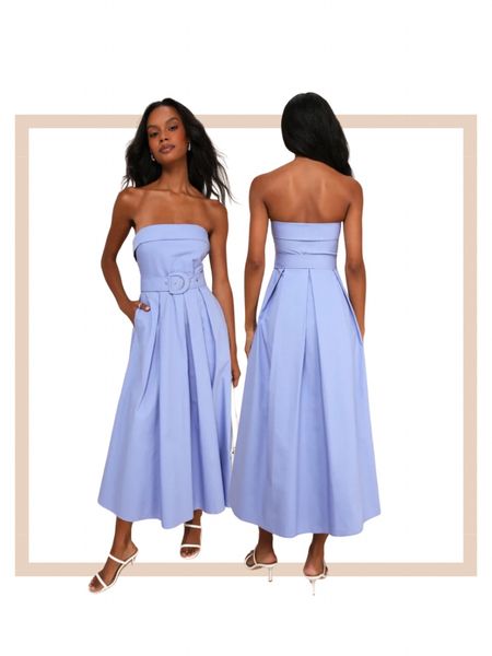 Periwinkle strapless midi dress with pockets perfect for summer wedding guest attire, afternoon lunch date with friends

#LTKwedding #LTKworkwear #LTKparties