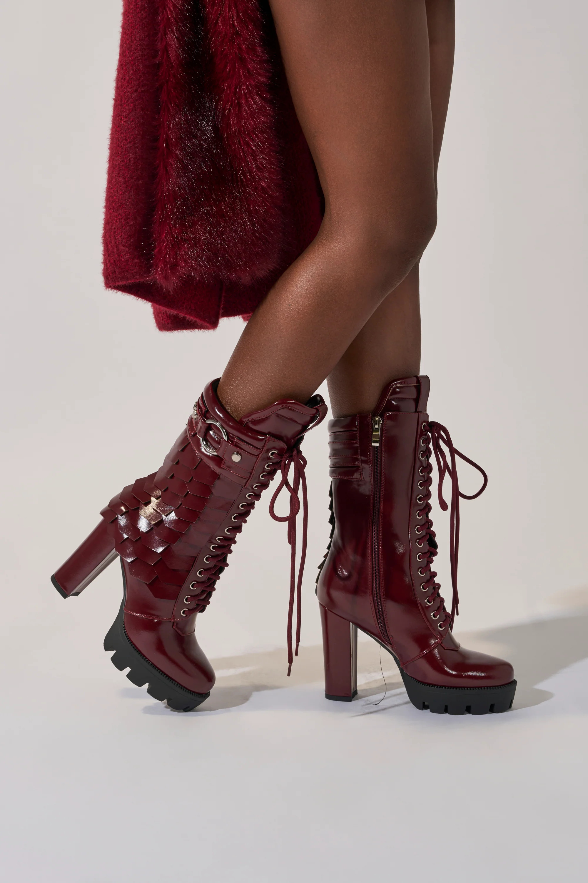 AZALEA WANG GERNOT BURGUNDY LACE UP SCALED PLATFORM BOOTIE | AKIRA