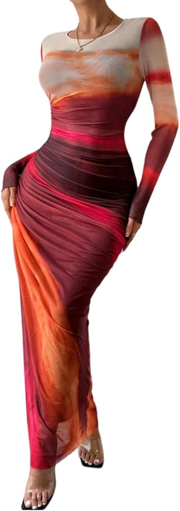 Women's Printed Bodycon Maxi Dress Long Sleeve Tie Dye Mesh Layered Dress | Amazon (US)