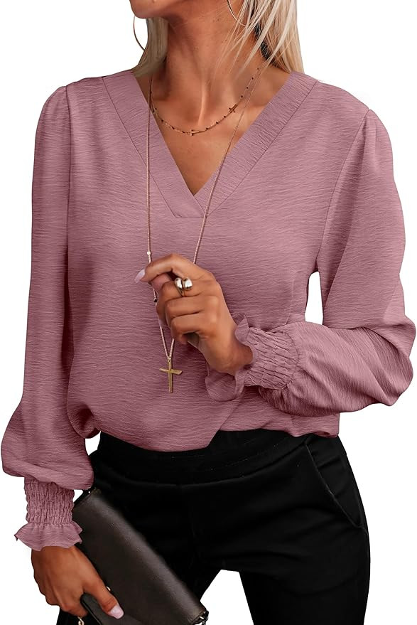 ANRABESS Women's Business Casual Tops V Neck Puff Long Sleeve Shirts Dressy Office Work Blouse 20... | Amazon (US)