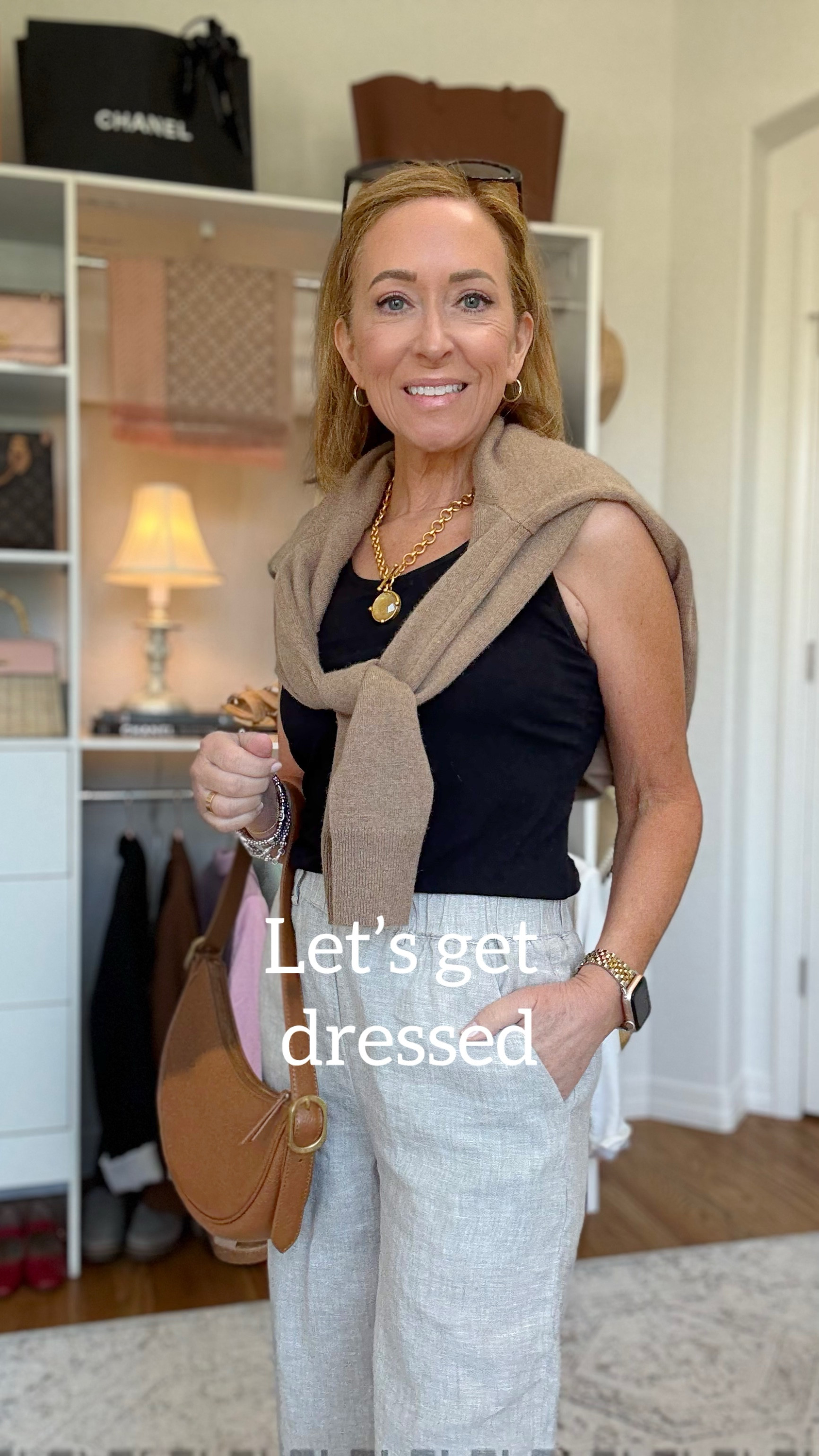 Let’s build an outfit together!
Starting with flax linen pants, add a black tank (with built in bra👏), add a statement necklace, add leopard kitten heel sandals, neutral cardigan over the shoulders, crescent handbag & cute Sunnies😎.



#LTKShoeCrush #LTKPetite #LTKStyleTip