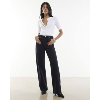 Black High Waisted Relaxed Straight Leg Jeans | River Island UK & IE
