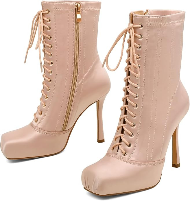 Women's Satin Ballet/Victoria Boots Lace-Up Square Toe Stiletto Boots | Amazon (US)
