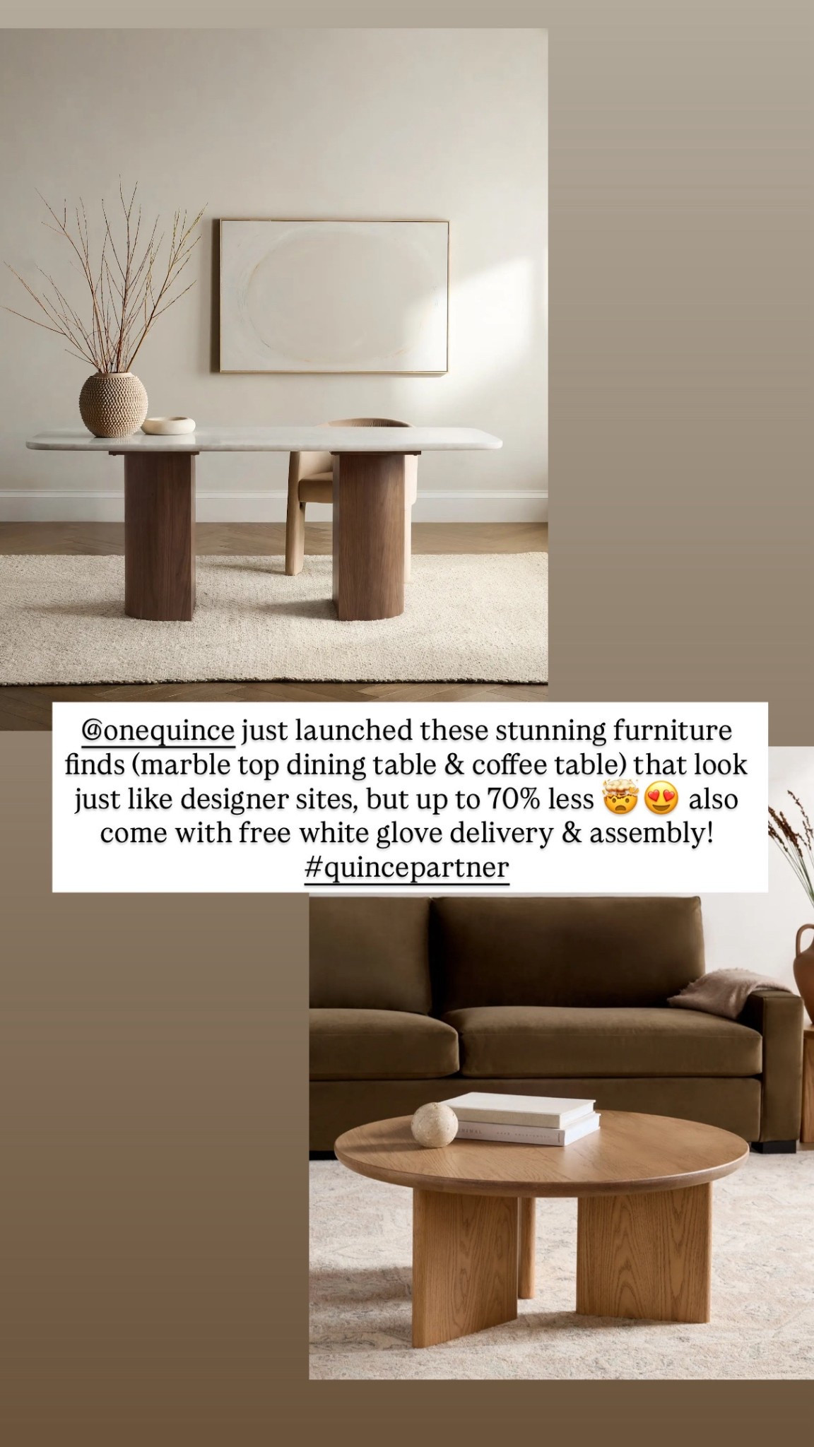 @Quince  just launched these stunning furniture finds (marble top dining table & coffee table) that look just like designer sites, but up to 70% less 🤯😍 also come with free white glove delivery & assembly! #quincepartner