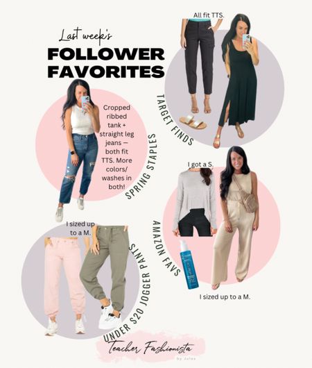 3/11-3/18 Follower Favorites:

• Target finds: straight leg cargo pants- fit TTS but do run a little tight, so size up if you like looser pants. The dress is beautiful for spring and summer on its own or under a denim jacket and comes in 6 colors! The sandals are gold and fit TTS.
• Spring Staples: straight leg jeans (come in many washes and colors) fit TTS. The tank is a nice crop fit and comes in 4 neutral colors.
• Amazon Favs: aquage hair oil; Trendy Queen jumpsuit (comes in more colors) - I sized up to a M; Long sleeve top (Free People vibes) - I got my normal size S, more colors!
• Under $20 jogger pants: super cute for teachers! I sized up to a M since they’re junior sizing.

#LTKsalealert #LTKfindsunder100 #LTKfindsunder50