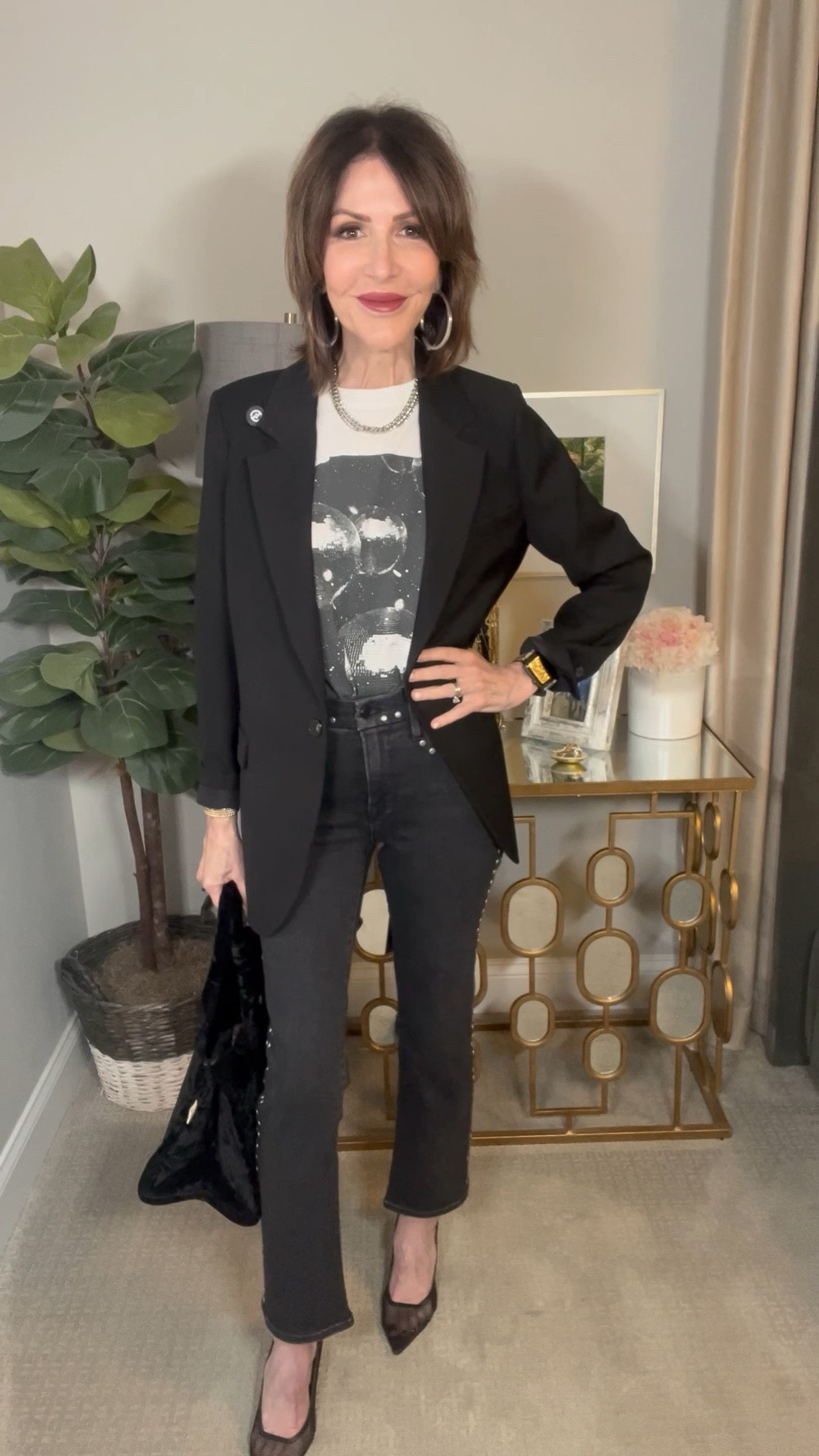 graphic tee, blazer, studded jeans, handbag, black heels, over 50 outfits, girls night outfit 

#LTKOver40 #LTKootd #LTKSeasonal