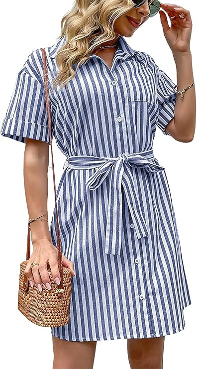 ebossy Women's Boho Striped Shirt Dress Button Up Contrast Color Swing A Line Mid Long Dress with... | Amazon (US)