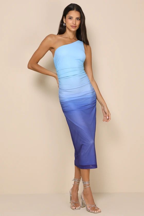 Beautiful Perception Blue Ombre One-Shoulder Mesh Midi Dress | Lulus