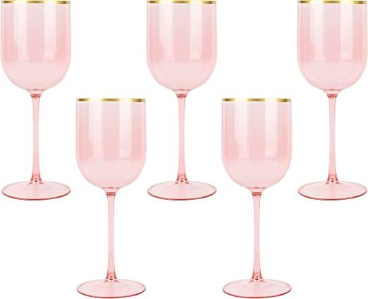 PLASTICPRO Pink Wine Cup with Gold rim Plastic Wine Glasses Set of 5 Elegant Wine Goblets Hard Pl... | Amazon (US)
